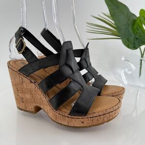 Born Bernese Womens Sandal Size 10 Black Leather Wedge Heel Open Toe Retro Caged